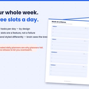 May include: A weekly planner page with the text Your whole week. Three slots a day. It features a Week at a Glance layout with three horizontal lines for each day from Monday to Thursday, including checkboxes for tasks and a space for the date.