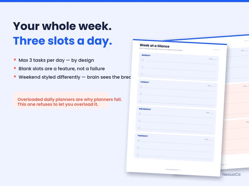 May include: A weekly planner page with the text Your whole week. Three slots a day. It features a Week at a Glance layout with three horizontal lines for each day from Monday to Thursday, including checkboxes for tasks and a space for the date.