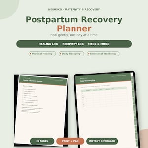 Op de afbeelding: Een digitale Postpartum Recovery Planner van NEXUXCO met een checklist voor herstel en symptomen en een dagelijks hersteloverzicht. De planner bevat secties voor fysiek herstel, medicatie en stemming, bestaande uit 26 pagina's.