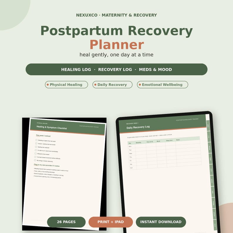 Op de afbeelding: Een digitale Postpartum Recovery Planner van NEXUXCO met een checklist voor herstel en symptomen en een dagelijks hersteloverzicht. De planner bevat secties voor fysiek herstel, medicatie en stemming, bestaande uit 26 pagina's.