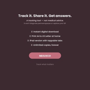 May include: A dark brown digital graphic featuring the white text: Track it. Share it. Get answers. A tracking tool &mdash; not medical advice. It won't diagnose perimenopause or replace your GP. Features include instant digital download, print A4 & US Letter at home, iPad version with tappable tabs, unlimited copies, forever. A pink button displays the text NEXUXCO, followed by the text: Track what matters.