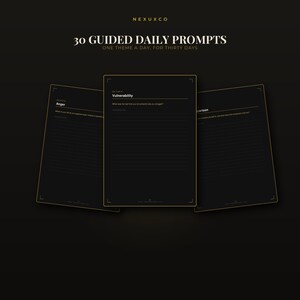 May include: Three black pages with gold borders and text, titled 30 GUIDED DAILY PROMPTS ONE THEME A DAY, FOR THIRTY DAYS. Each page features a specific theme like Anger, Vulnerability, or Comparison, with lined sections for writing daily responses.