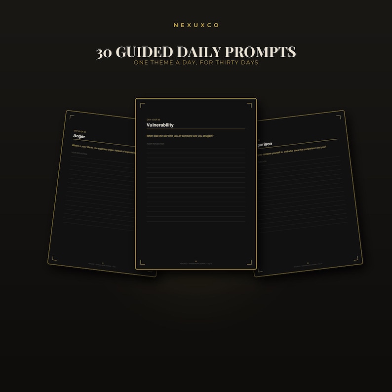 May include: Three black pages with gold borders and text, titled 30 GUIDED DAILY PROMPTS ONE THEME A DAY, FOR THIRTY DAYS. Each page features a specific theme like Anger, Vulnerability, or Comparison, with lined sections for writing daily responses.