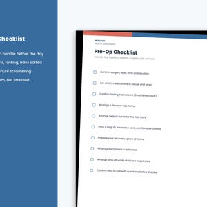 K&ouml;nnte beinhalten: Ein wei&szlig;es Dokument mit dem Titel Pre-Op Checklist, einem blauen Kopfbereich und einer Liste von zehn Aufgaben, darunter die Best&auml;tigung von OP-Details, Medikamentenanweisungen, Fasten, Transport, Hilfe zu Hause und Vorbereitungen.