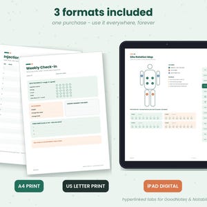 K&ouml;nnte beinhalten: Ein digitales Planer-Set mit zwei wei&szlig;en Papierb&ouml;gen f&uuml;r w&ouml;chentliche Check-ins und Injektionsprotokolle sowie einem schwarzen Tablet, das eine Rotationskarte mit einem menschlichen K&ouml;rperdiagramm und Hyperlink-Tabs anzeigt.
