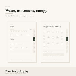 Peut inclure: Une page de planificateur num&eacute;rique pr&eacute;sentant une section Corps avec des suivis d'eau, de mouvement et de sommeil, ainsi qu'une page de suivi d'&eacute;nergie et d'humeur. La mise en page inclut des cases &agrave; cocher, des &eacute;chelles num&eacute;rot&eacute;es et des invites.