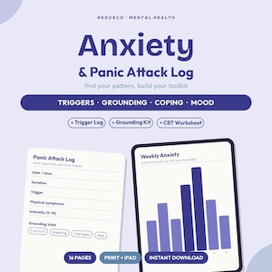 May include: An Anxiety & Panic Attack Log digital planner with a light purple background. It features sections for triggers, grounding, coping, and mood. Includes a Panic Attack Log form and a Weekly Anxiety bar chart. Text includes 16 PAGES, PRINT + iPAD.