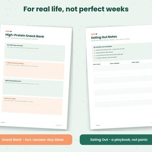 May include: Two white printable planner pages with dark green text. The left page is titled High-Protein Snack Bank with sections for no-prep, 2-minute, gentle, and sweet snacks. The right page is titled Eating Out Notes with a playbook section.