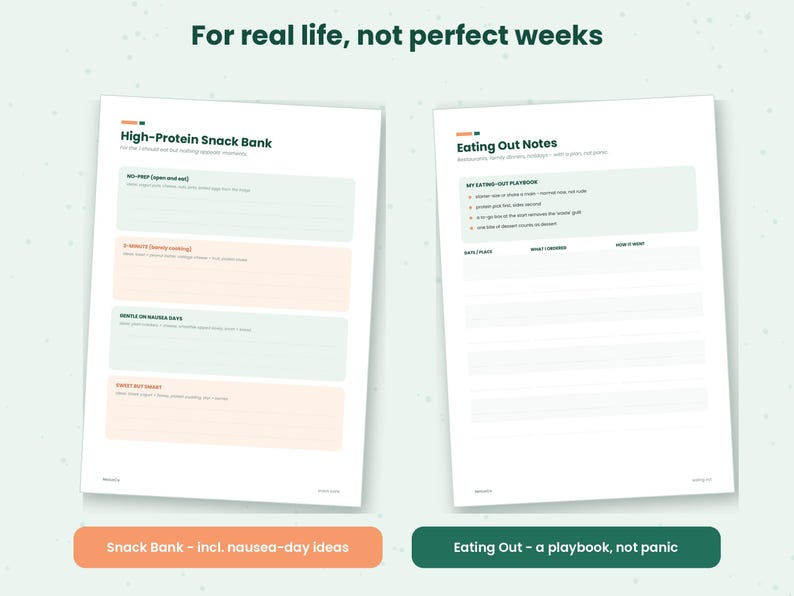 May include: Two white printable planner pages with dark green text. The left page is titled High-Protein Snack Bank with sections for no-prep, 2-minute, gentle, and sweet snacks. The right page is titled Eating Out Notes with a playbook section.