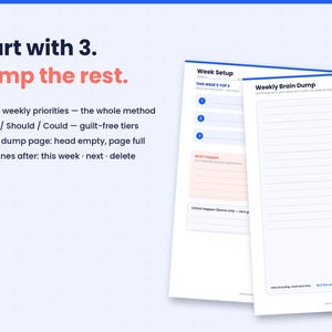 May include: A white planner page titled Week Setup with sections for Top 3 weekly priorities, Must, Should, and Could tasks, alongside a Weekly Brain Dump page with lined paper for notes, featuring blue and orange text on a light grid background.