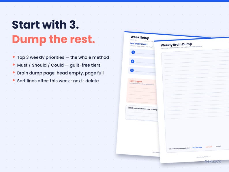 May include: A white planner page titled Week Setup with sections for Top 3 weekly priorities, Must, Should, and Could tasks, alongside a Weekly Brain Dump page with lined paper for notes, featuring blue and orange text on a light grid background.