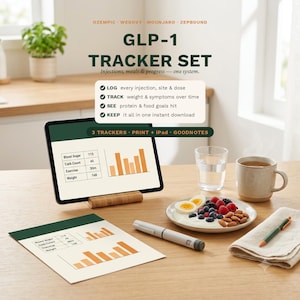 以下が含まれることがあります： 注射、食事、進捗を記録するGLP-1トラッカーセット。タブレットの画面と印刷されたシートには、血糖値、炭水化物量、運動、体重のグラフが表示されています。グレーの注射ペン、食事のプレート、マグカップが含まれています。