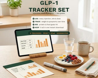 GLP-1 Tracker Set, Ozempic Wegovy Mounjaro Zepbound Injection Log plus Food and Protein Journal, Printable Semaglutide Kit, iPad GoodNotes