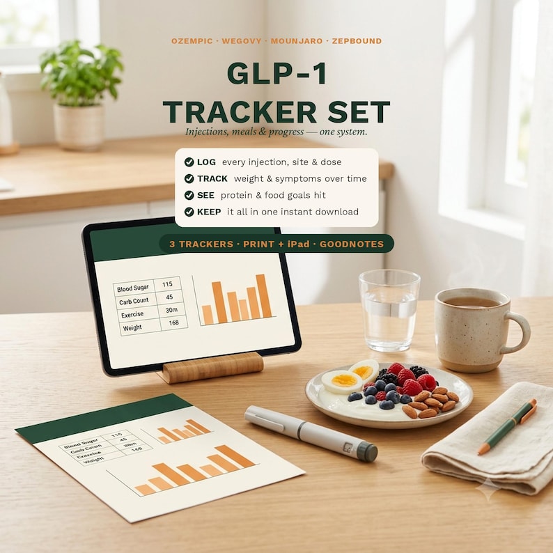 以下が含まれることがあります： 注射、食事、進捗を記録するGLP-1トラッカーセット。タブレットの画面と印刷されたシートには、血糖値、炭水化物量、運動、体重のグラフが表示されています。グレーの注射ペン、食事のプレート、マグカップが含まれています。