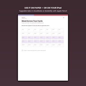 K&ouml;nnte beinhalten: Eine digitale Planerseite mit dem Titel Mood Across Your Cycle und einem Raster aus 34 nummerierten Tagesfeldern. Der Text lautet USE IT ON PAPER &mdash; OR ON YOUR IPAD und Tappable tabs in GoodNotes & Notability with Apple Pencil. Enth&auml;lt eine Legende.