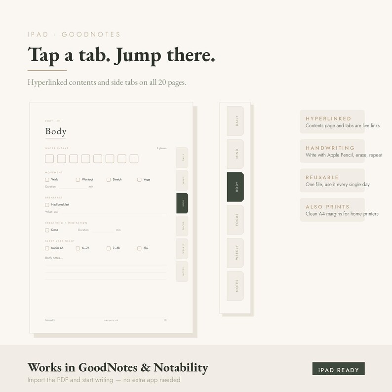 Peut inclure: Un planificateur num&eacute;rique pour iPad et GoodNotes avec 20 pages et des onglets hyperli&eacute;s. La mise en page inclut des sections pour le suivi corporel, les habitudes et la m&eacute;ditation. Texte : 'Tap a tab. Jump there.' et 'Works in GoodNotes & Notability'.