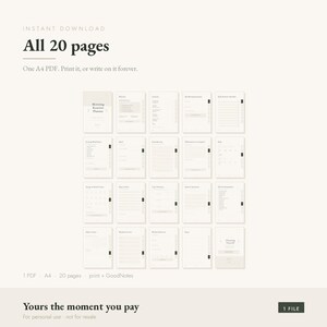 Peut inclure: Un ensemble de planificateur num&eacute;rique comprenant 20 pages A4 dans des tons beige neutres. Le texte indique : Instant Download, All 20 pages, One A4 PDF. Print it, or write on it forever. Yours the moment you pay. 1 PDF, A4, 20 pages, print + GoodNotes.