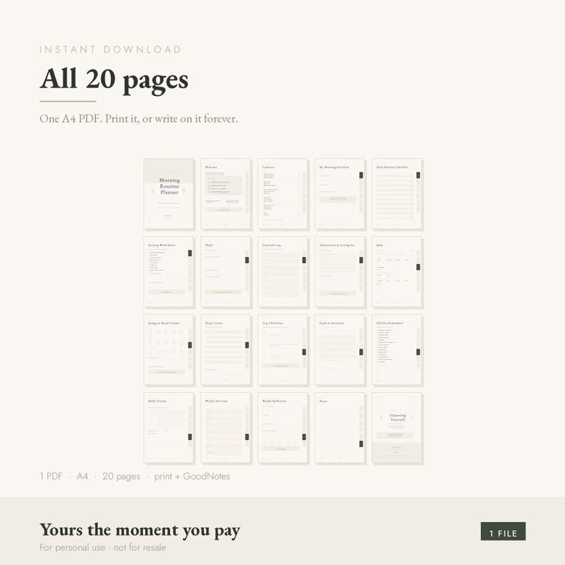 Peut inclure: Un ensemble de planificateur num&eacute;rique comprenant 20 pages A4 dans des tons beige neutres. Le texte indique : Instant Download, All 20 pages, One A4 PDF. Print it, or write on it forever. Yours the moment you pay. 1 PDF, A4, 20 pages, print + GoodNotes.