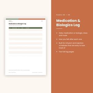 Pu&ograve; includere: Una pagina di carta bianca intitolata Medication & Biologics Log con una riga di intestazione verde scuro contenente colonne per data, farmaco, dose, via di somministrazione e sensazioni. Una barra laterale color ruggine elenca le funzioni.