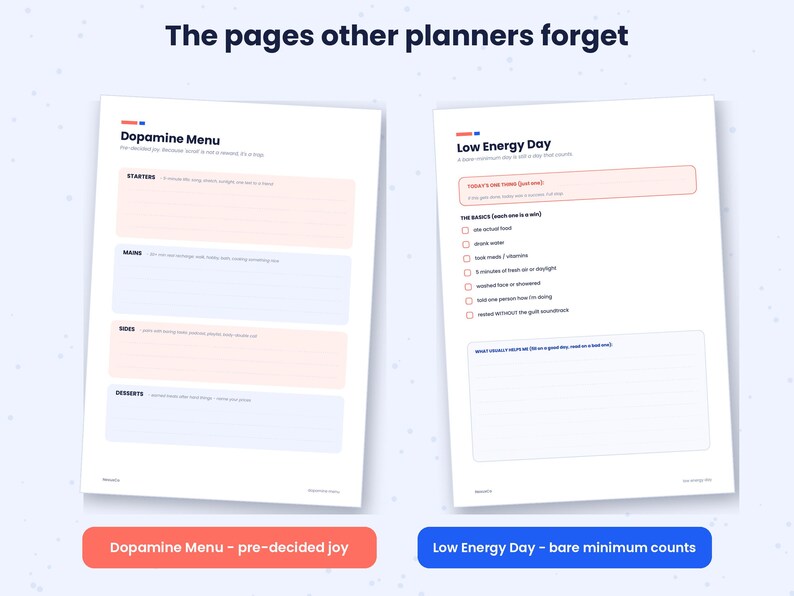 K&ouml;nnte beinhalten: Zwei wei&szlig;e Planerseiten mit der &Uuml;berschrift The pages other planners forget. Die linke Seite ist ein Dopamine Menu mit Abschnitten f&uuml;r Starters, Mains, Sides und Desserts. Die rechte Seite ist eine Low Energy Day Checkliste.