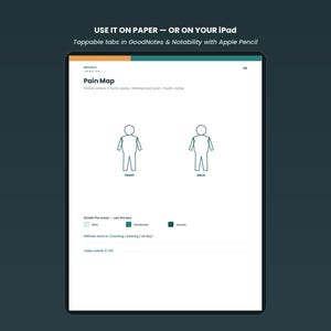 May include: A digital pain map template displayed on a tablet screen. The page features two human body outlines labeled front and back, a color-coded key for pain levels, and text fields for tracking stiffness and daily pain scores from 1 to 10.