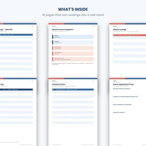 May include: A 16-page health tracker document featuring sections for Daily Readings, Blood Pressure Categories, Weekly Average, Medication Log, Lifestyle Factors, and Doctor Appointment Prep, with blue and red headers on white paper.