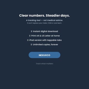 Puede incluir: Un gr&aacute;fico digital azul oscuro con texto blanco que dice Clear numbers. Steadier days. A tracking tool - not medical advice. Incluye descarga digital instant&aacute;nea, impresi&oacute;n en A4 y US Letter, versi&oacute;n para iPad con pesta&ntilde;as t&aacute;ctiles, copias ilimitadas y el logotipo de NEXUXCO.