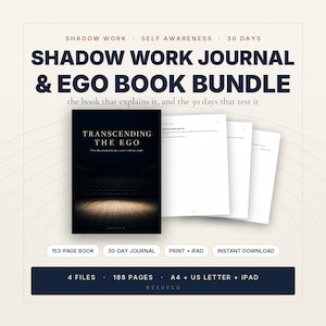 May include: A Shadow Work Journal and Ego Book bundle featuring a black book titled Transcending the Ego with a stage image on the cover, alongside three white lined journal pages. Text includes 153-page book, 30-day journal, print plus iPad, instant download, 4 files, 188 pages, A4, US letter, and iPad.