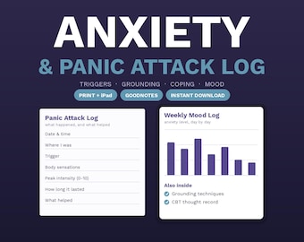 Anxiety and Panic Attack Log Printable | Trigger Tracker, Grounding Technique & Coping Skills | CBT Worksheet, Mood Log | Print + iPad
