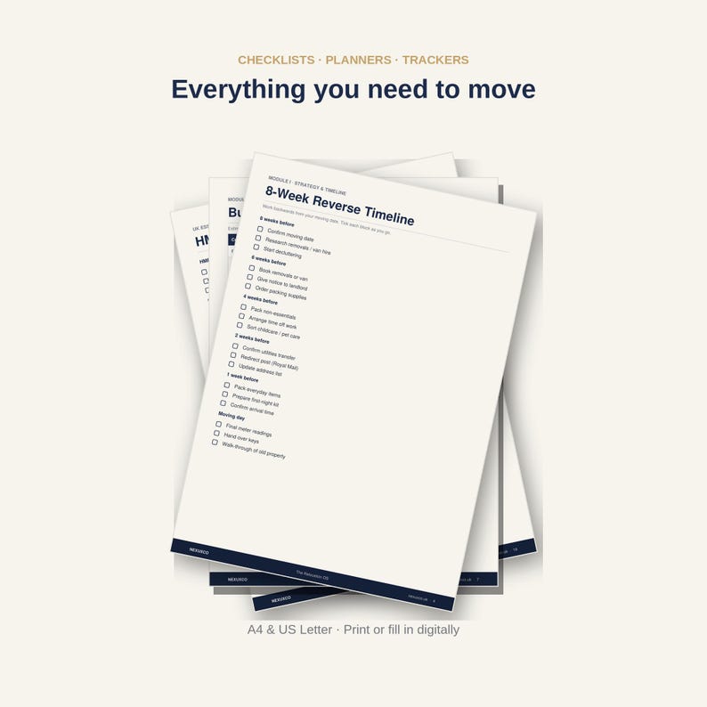 Pu&ograve; includere: Una pila di liste di controllo e pianificatori per traslochi su carta bianca con testo blu scuro. Il foglio superiore &egrave; intitolato 8-Week Reverse Timeline con caselle di controllo per le attivit&agrave;. Il testo Everything you need to move &egrave; in alto.