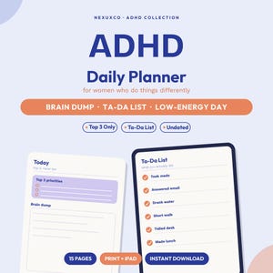 K&ouml;nnte beinhalten: Eine digitale ADHD-Tagesplaner-Vorlage mit Abschnitten f&uuml;r Brain Dump, Ta-Da-Liste und Tage mit wenig Energie. Das Layout enth&auml;lt einen Bereich f&uuml;r die 3 wichtigsten Priorit&auml;ten, undatierte Seiten und eine Liste mit erledigten Aufgaben wie Medikamente.