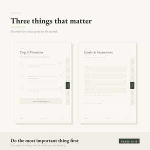 Peut inclure: Une mise en page de planificateur num&eacute;rique pr&eacute;sentant deux pages intitul&eacute;es Three things that matter. La page de gauche liste Top 3 Priorities avec des lignes num&eacute;rot&eacute;es et des cases &agrave; cocher. La page de droite liste Goals & Intentions.