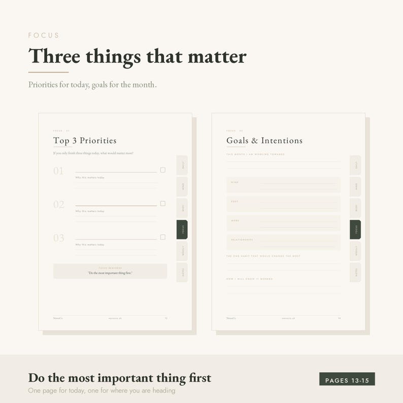 Peut inclure: Une mise en page de planificateur num&eacute;rique pr&eacute;sentant deux pages intitul&eacute;es Three things that matter. La page de gauche liste Top 3 Priorities avec des lignes num&eacute;rot&eacute;es et des cases &agrave; cocher. La page de droite liste Goals & Intentions.