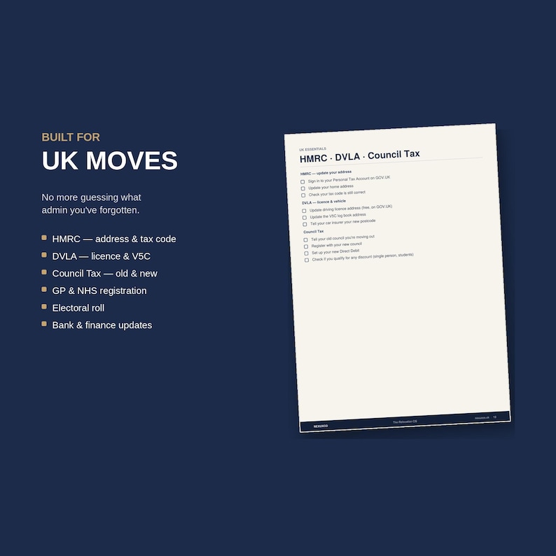 Pu&ograve; includere: Un grafico informativo blu scuro intitolato BUILT FOR UK MOVES, che elenca compiti amministrativi come HMRC, DVLA e Council Tax. Accanto, un documento di lista di controllo bianco dettaglia i passaggi per aggiornare gli indirizzi.