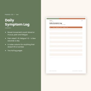 Pu&ograve; includere: Un documento di registro giornaliero dei sintomi con l'intestazione Daily Symptom Log e colonne per data, movimenti intestinali, sangue o muco, dolore, affaticamento e note. Il layout presenta un bordo superiore verde e arancione.