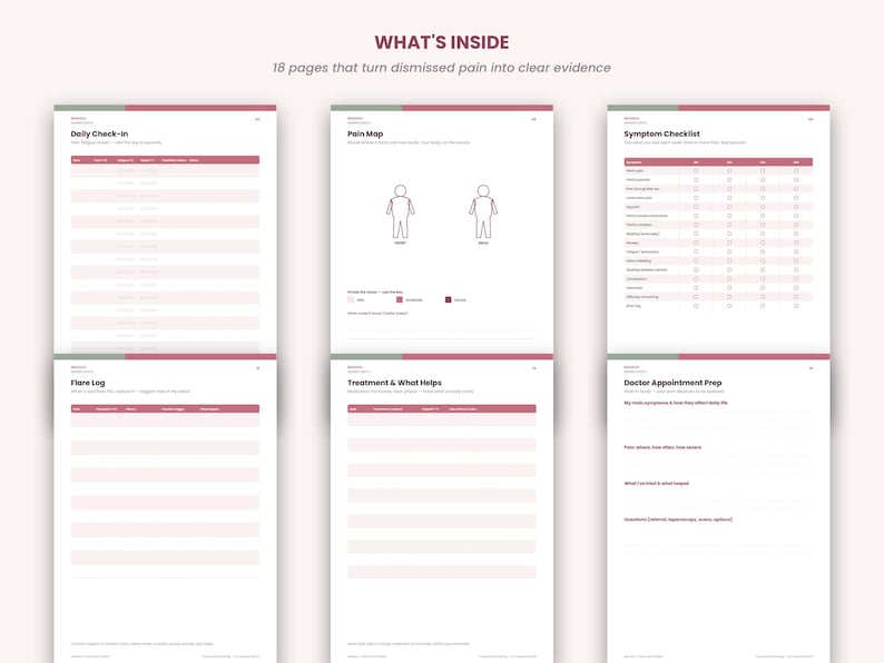 May include: A health tracking planner with 18 pages titled WHAT'S INSIDE that turn dismissed pain into clear evidence. It includes sections for Daily Check-in, Pain Map, Symptom Checklist, Flare Log, Treatment & What Helps, and Doctor Appointment Prep.