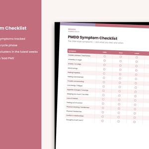 K&ouml;nnte beinhalten: Ein PMDD-Symptom-Checklisten-Dokument mit einer Tabelle, die Symptome wie pl&ouml;tzliche Traurigkeit, Reizbarkeit und Angst sowie Spalten f&uuml;r Zyklusphasen enth&auml;lt. Der Text umfasst 'Symptom Checklist', '16 PMDD symptoms tracked' und 'Sorted by cycle phase'.