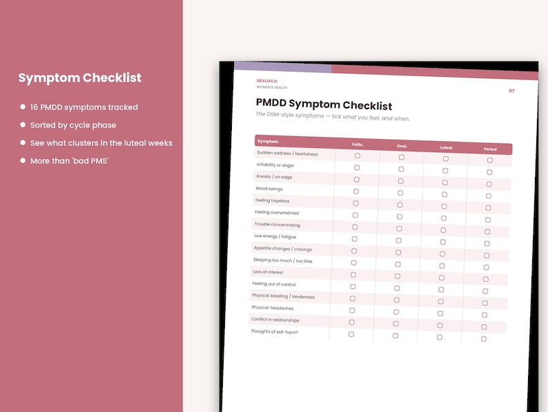 K&ouml;nnte beinhalten: Ein PMDD-Symptom-Checklisten-Dokument mit einer Tabelle, die Symptome wie pl&ouml;tzliche Traurigkeit, Reizbarkeit und Angst sowie Spalten f&uuml;r Zyklusphasen enth&auml;lt. Der Text umfasst 'Symptom Checklist', '16 PMDD symptoms tracked' und 'Sorted by cycle phase'.