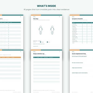 May include: A digital planner with 18 pages titled WHAT'S INSIDE, featuring sections for Daily Check-in, Pain Map with human outlines, Symptom Checklist, Flare Log, Sleep & Weather Log, and Doctor Appointment Prep with dark teal and orange accents.