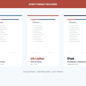 K&ouml;nnte beinhalten: Ein digitales pr&auml;operatives Checklisten-Dokument in drei Formaten: A4 mit 210 x 297 mm, US Letter mit 8,5 x 11 Zoll und eine iPad-Version f&uuml;r GoodNotes oder Notability mit tippbaren Tabs. Jedes Dokument enth&auml;lt eine Liste mit Kontrollk&auml;stchen.
