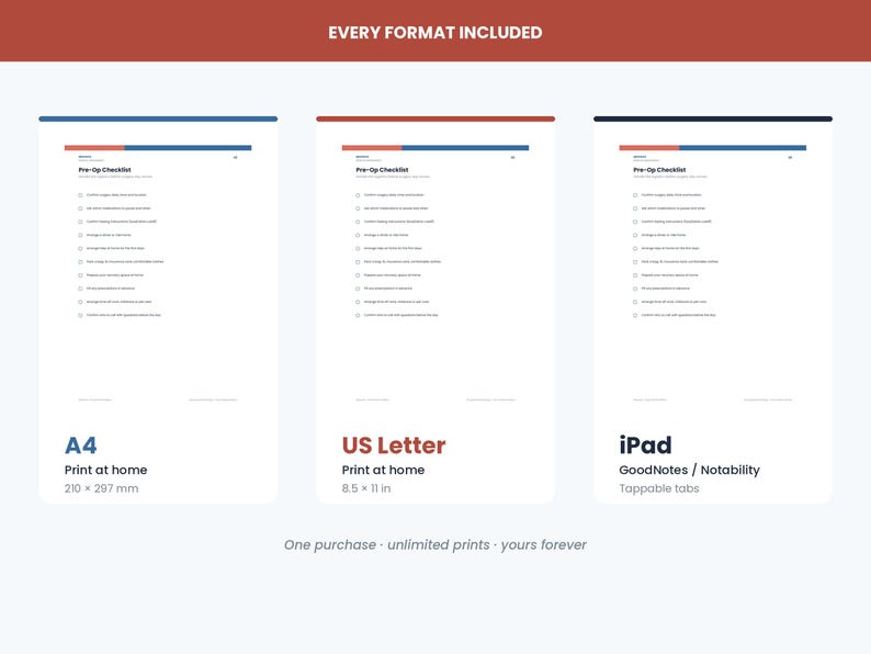 K&ouml;nnte beinhalten: Ein digitales pr&auml;operatives Checklisten-Dokument in drei Formaten: A4 mit 210 x 297 mm, US Letter mit 8,5 x 11 Zoll und eine iPad-Version f&uuml;r GoodNotes oder Notability mit tippbaren Tabs. Jedes Dokument enth&auml;lt eine Liste mit Kontrollk&auml;stchen.