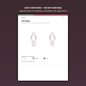 May include: A digital pain map template displayed on a tablet screen. The text reads USE IT ON PAPER &mdash; OR ON YOUR IPAD. Tappable tabs in GoodNotes & Notability with Apple Pencil. It features two human outlines, front and back, and a color-coded key.
