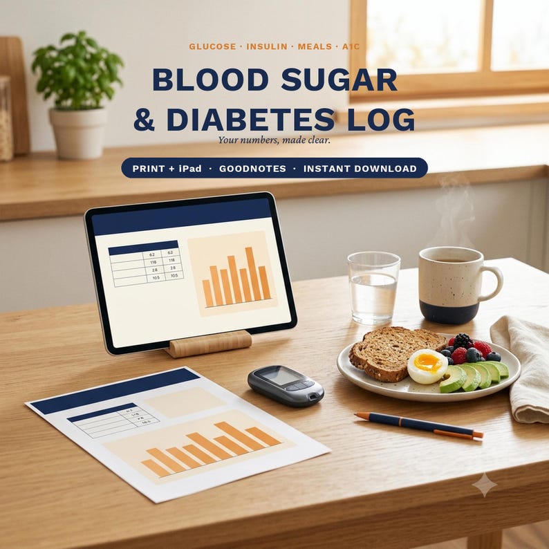 Puede incluir: Un registro digital de glucosa y diabetes mostrado en una tableta y una hoja impresa. El texto dice: GLUCOSE, INSULIN, MEALS, A1C, BLOOD SUGAR & DIABETES LOG, Your numbers, made clear, PRINT + IPAD, GOODNOTES, INSTANT DOWNLOAD.