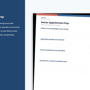 Puede incluir: Una p&aacute;gina blanca titulada Doctor Appointment Prep con secciones para patrones, episodios de hipo/hiper, medicaci&oacute;n y preguntas. La p&aacute;gina presenta una barra de encabezado roja y azul e incluye el texto NEXUKCO MEDICAL MANAGEMENT.
