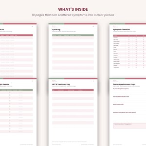 May include: A digital planner set featuring 18 pages with the title WHAT'S INSIDE and the subtitle 18 pages that turn scattered symptoms into a clear picture. The pages include Daily Check-in, Cycle Log, Symptom Checklist, Sleep & Night Sweats, HRT & Treatment Log, and Doctor Appointment Prep.