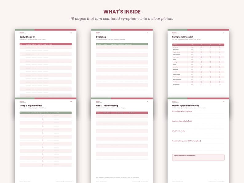 May include: A digital planner set featuring 18 pages with the title WHAT'S INSIDE and the subtitle 18 pages that turn scattered symptoms into a clear picture. The pages include Daily Check-in, Cycle Log, Symptom Checklist, Sleep & Night Sweats, HRT & Treatment Log, and Doctor Appointment Prep.