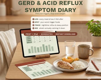 GERD and Acid Reflux Symptom Diary Printable | Heartburn Trigger Food Tracker | Nighttime Reflux, Sleep Position Log | Print + iPad