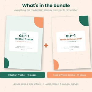 以下が含まれることがあります： What's in the bundle、GLP-1 Injection Tracker、GLP-1 Food & Protein Journalというテキストが記載された2冊のトラッカーセット。ライトグリーンとベージュの小冊子には、投与量、注射部位、副作用、食事、タンパク質、空腹信号を記録するセクションが含まれています。