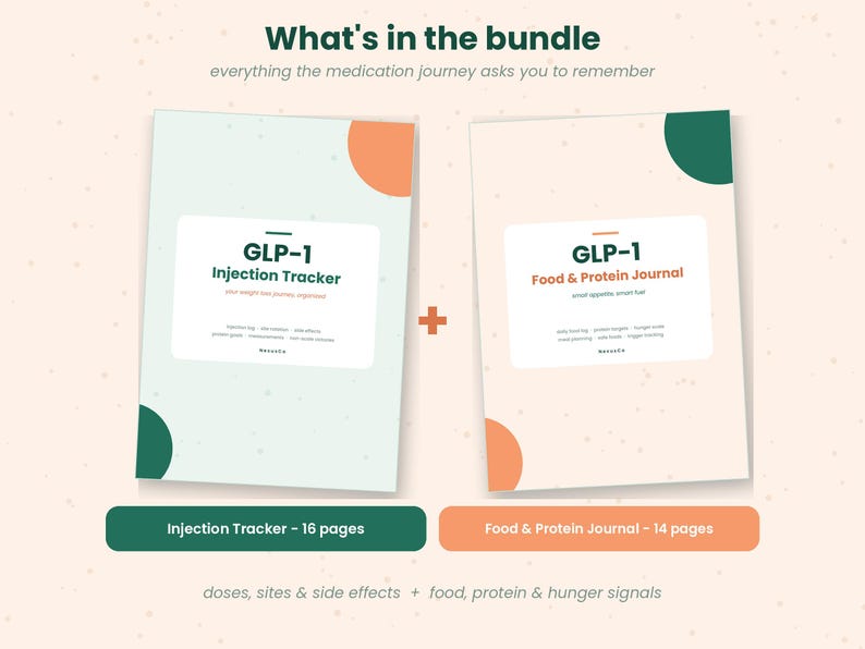 以下が含まれることがあります： What's in the bundle、GLP-1 Injection Tracker、GLP-1 Food & Protein Journalというテキストが記載された2冊のトラッカーセット。ライトグリーンとベージュの小冊子には、投与量、注射部位、副作用、食事、タンパク質、空腹信号を記録するセクションが含まれています。
