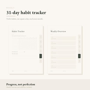 Peut inclure: Une mise en page de planificateur num&eacute;rique comprenant un suivi d'habitudes sur 31 jours et une page de vue d'ensemble hebdomadaire. Le design inclut une grille pour douze habitudes, des cases &agrave; cocher et des onglets lat&eacute;raux sur fond cr&egrave;me.